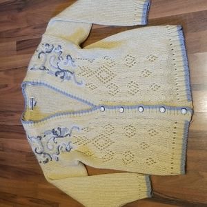 Vintage 90's Yellow & Blue Embroidered Floral Mohair Deep Vneck Cardigan…